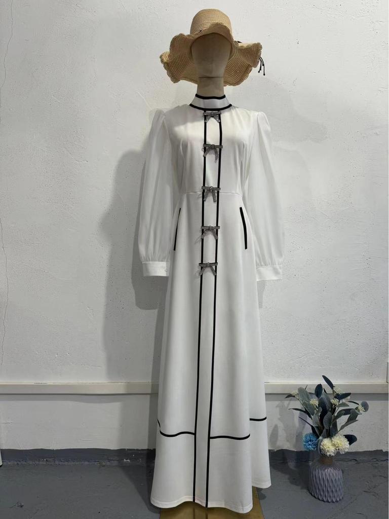 2024 Herbst Schwarz & Weiß Halbhoher Kragen Kleid mit Schleifenakzent