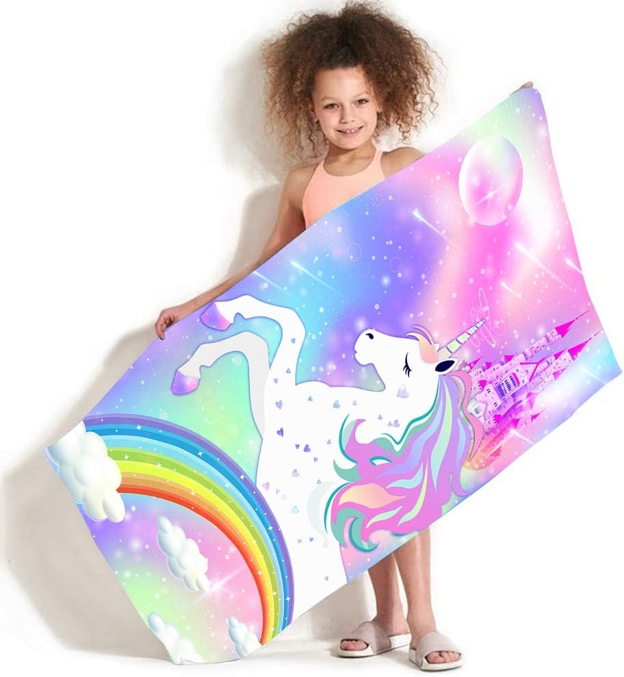 Unicorn Beach Towel 31.5X63 Inch Rainbow Castle Print Quick Dry Soft Microfiber Bath Towel For Girls Kids Summer Gift