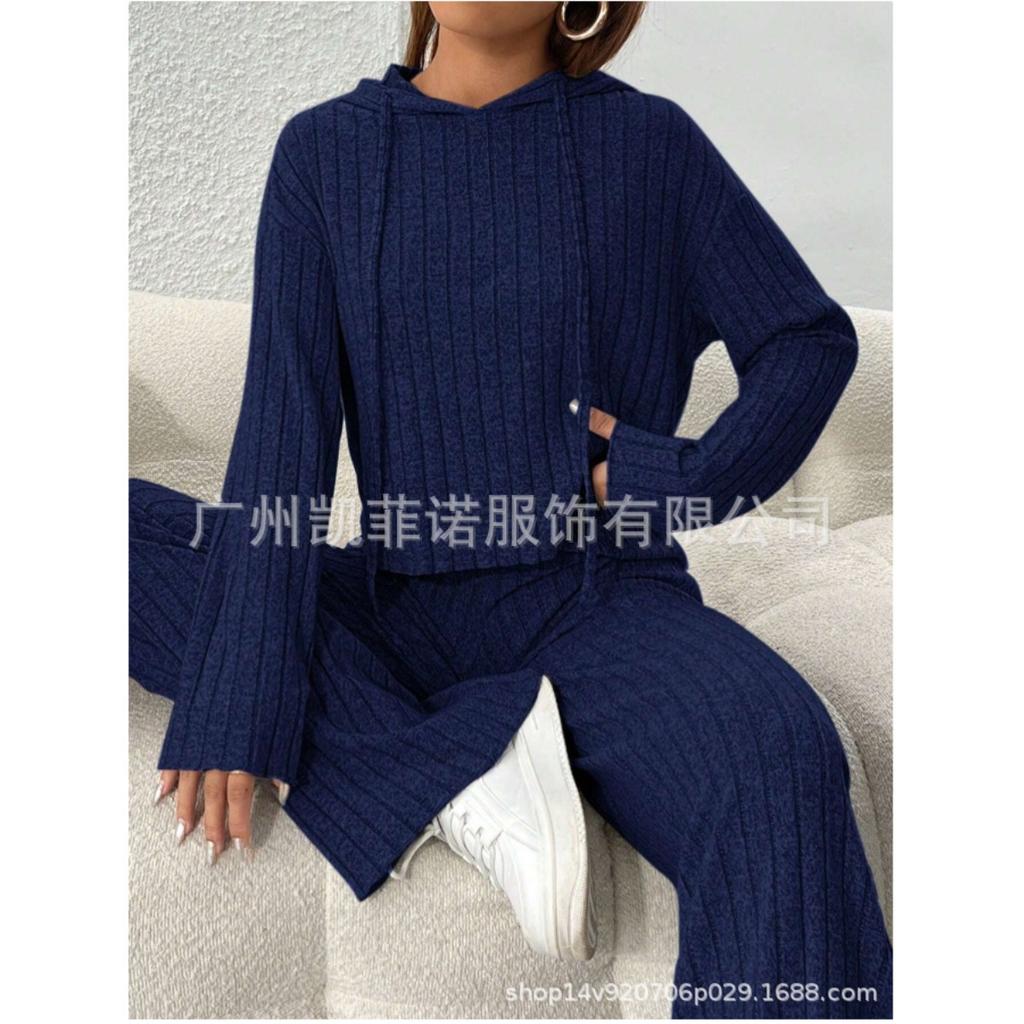 Herbst- und Winter-Freizeit-Strickset mit langen Ärmeln, Damen-Kapuzensweatshirt, lockere Hose zweiteiliges Set