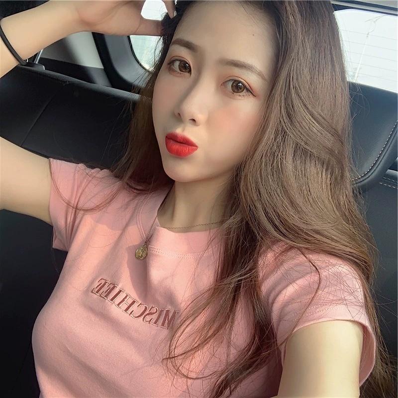 Summer Letter Embroidery Slim Short-sleeved T-shirt Female Student Blouse Women's Clothing