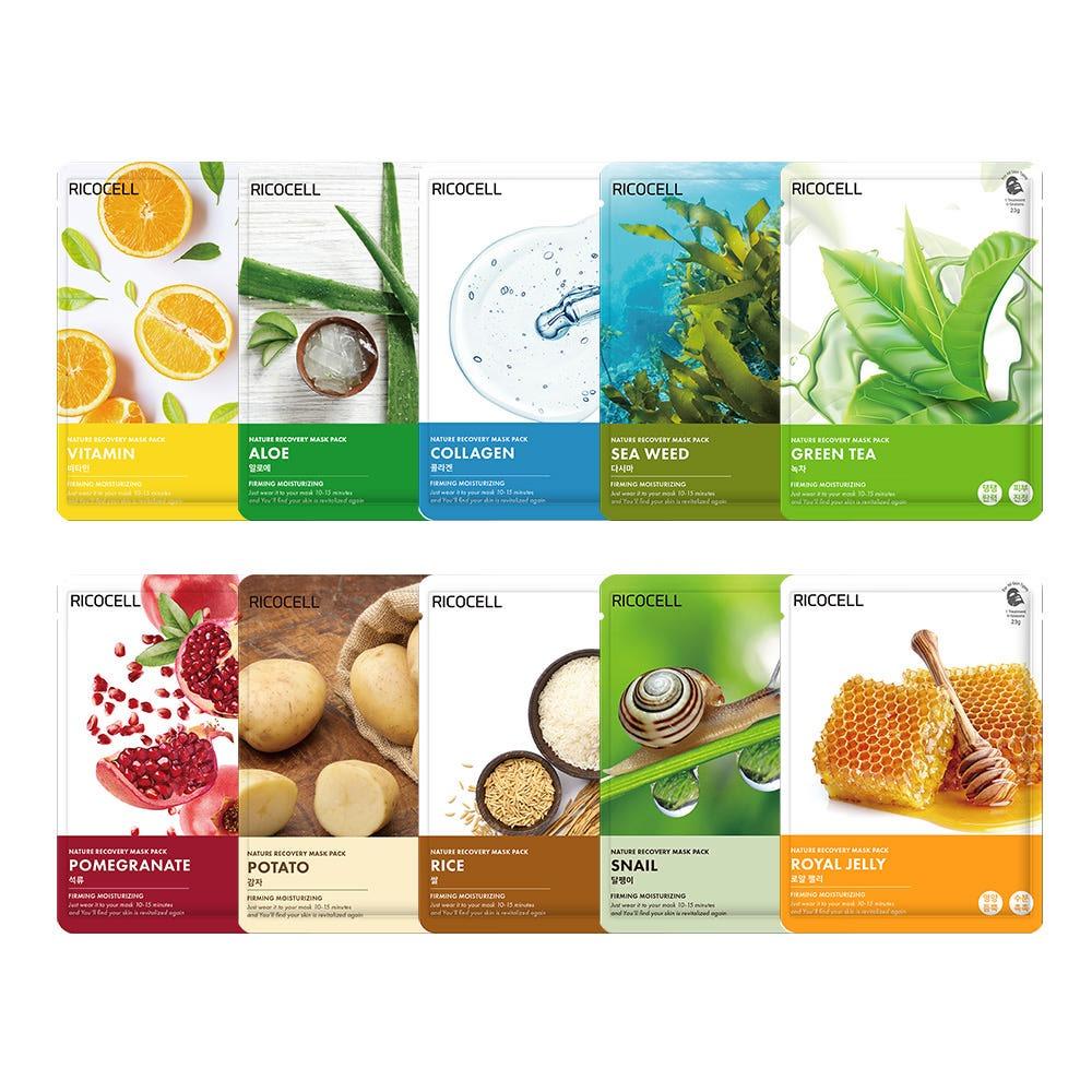 

RICOCELL Daily Mask Pack 10 Types Variety Set - Soothing, Hydrating & Brightening Care - 100 Sheets Bulk Pack
