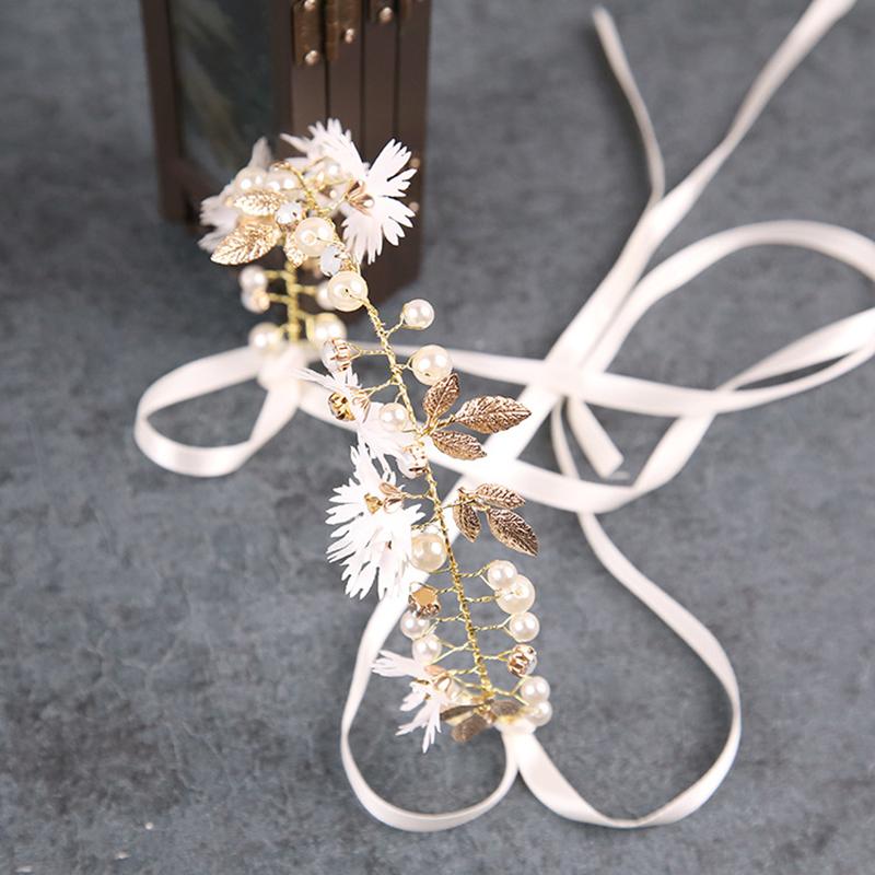 Gold Leaf Daisy Flower Headband Bridal Pearl Tiaras Hair Jewelry Ribbon Wreath