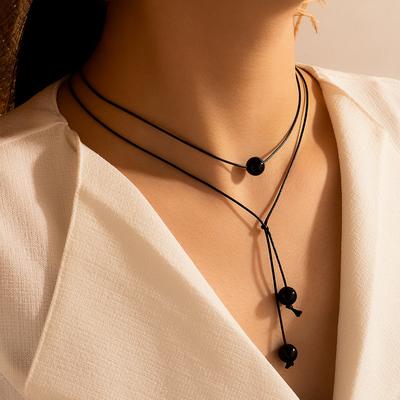 String Beaded Double-layer Collarbone Chain, Personalized Black Rice Bead Necklace