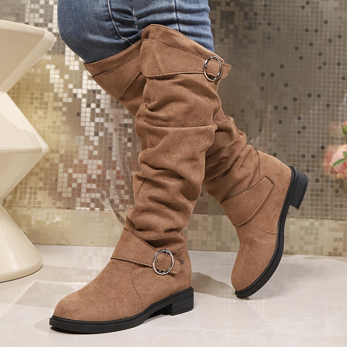 

Women S Solid Color Trendy Boots, Buckle Belt Pull on Heel High Knee Boots, Winter Round Toe Slouchy Boots Comfortable Soft Sole Non slip Design Fashi 35