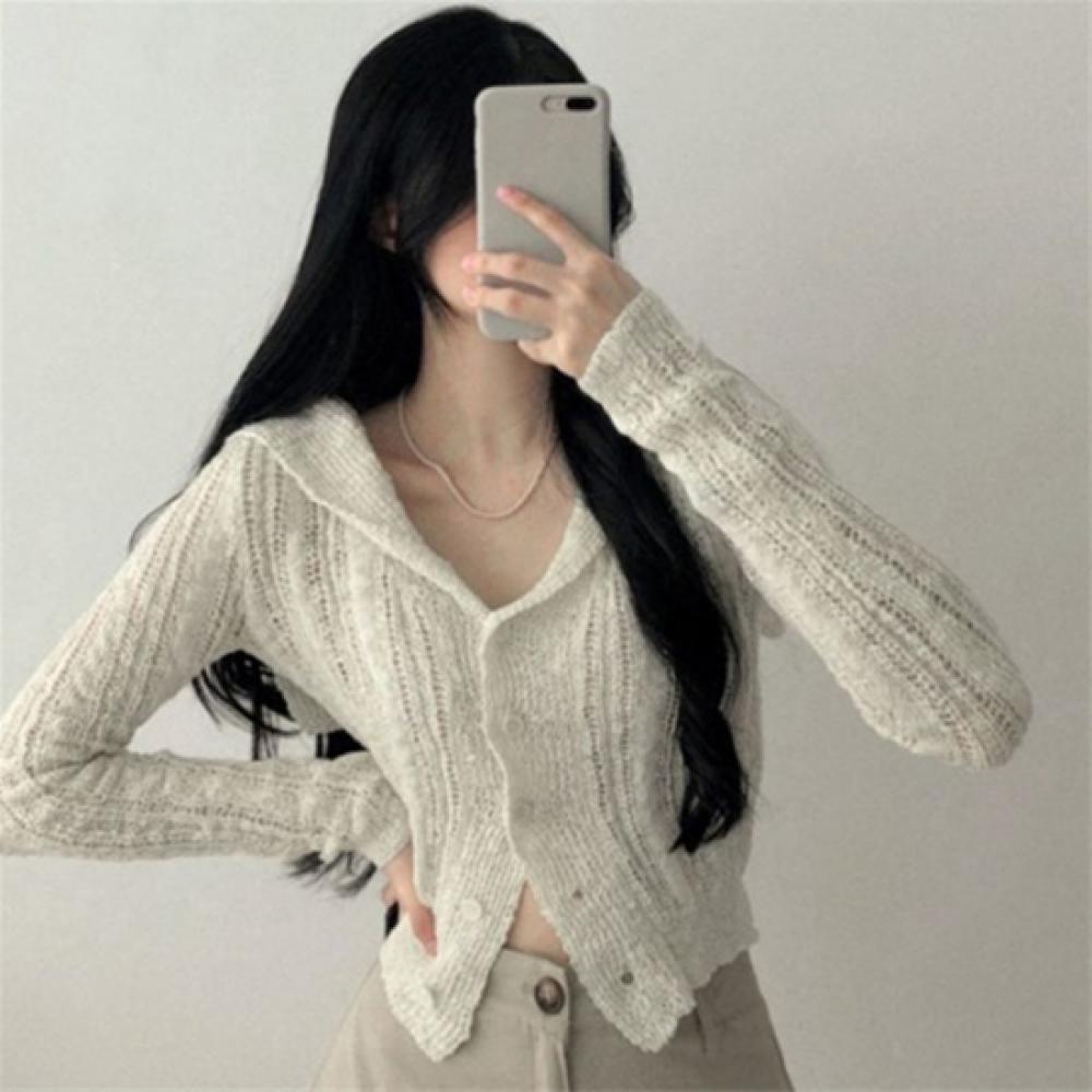 New Arrivals Open Run Women Simple Sheer Fit Semi Crop Long Sleeve Knit Cardigan