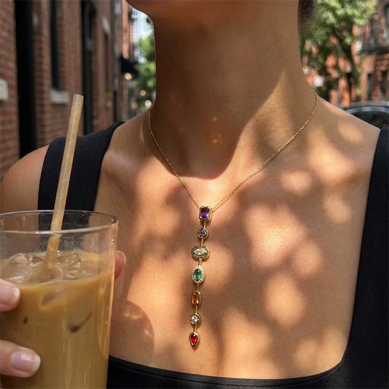New exquisite zircon-inlaid geometric tassel metal titanium steel necklace, light luxury high-grade sparkling diamond earrings 1