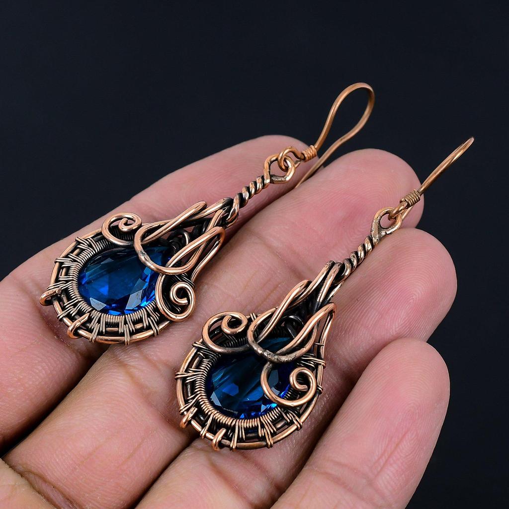 Lavish Blue Topaz Gemstone Handmade Pure Copper Wire Wrapped Earrings Jewelry For Love