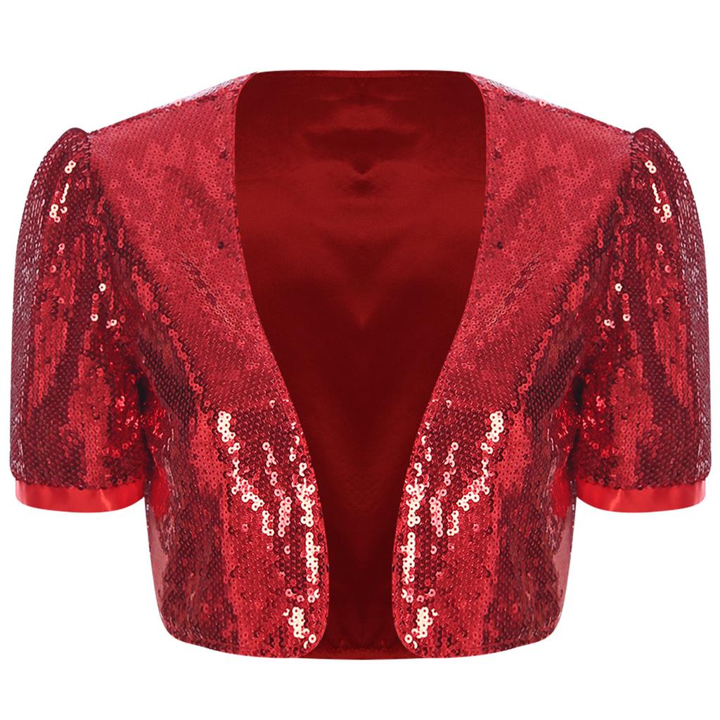 Women Glitter Sequin Cardigan Cropped Jacket Short Sleeve Open Front Fully Lined Stylish Club Cover Up