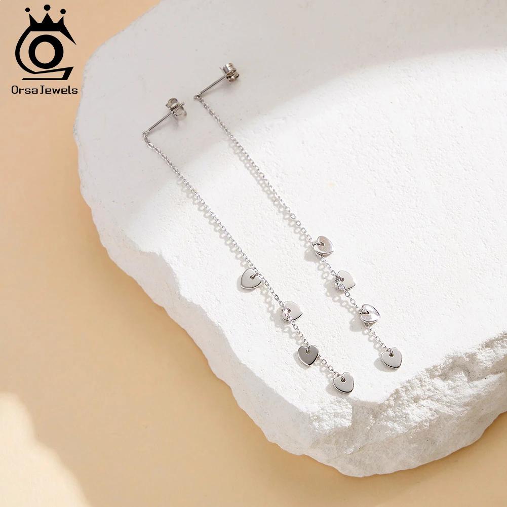 ORSA JEWELS Heart Love Tassel Dangle Earrings 925 Sterling Silver Fashion Party Fine Jewelry OL Wedding Accessories APE150