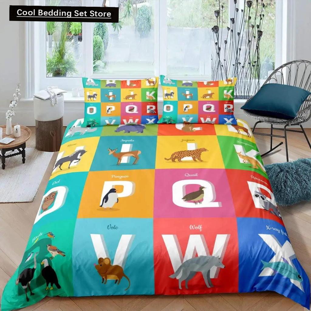 Comforter Cartoon Numbers King Queen Lovely Animals Bedding Set Kids Colorful English Alphabet 2/3Pcs Polyester