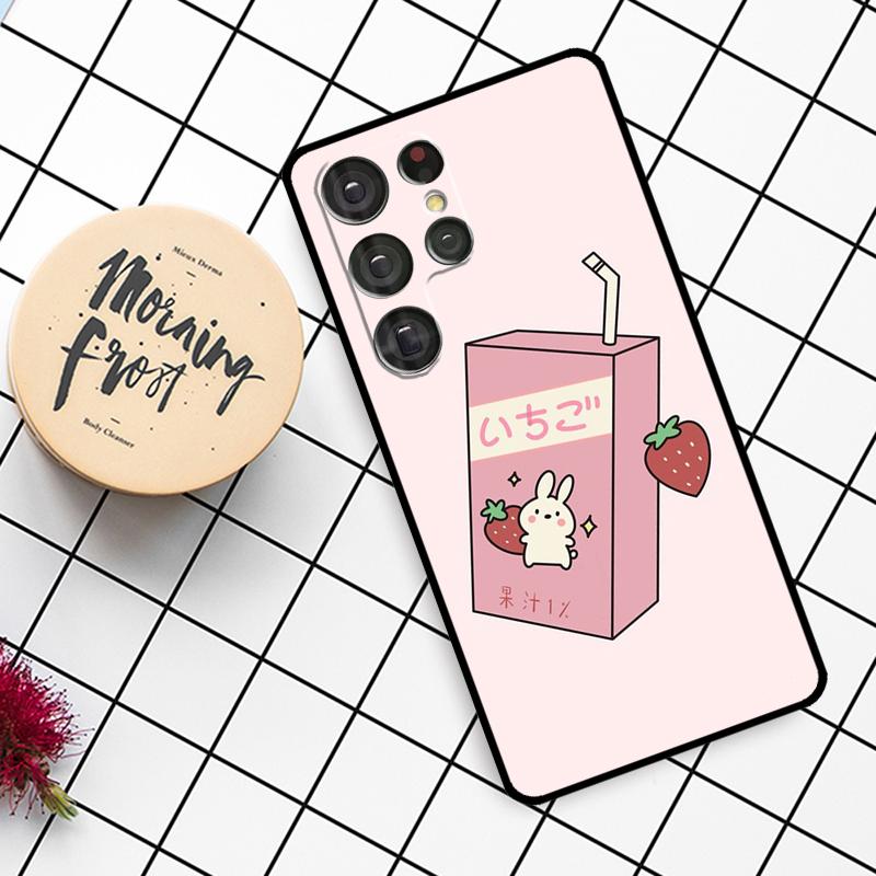 Cute Strawberry Milk Box Case For Samsung Galaxy S25 Ultra S23 S22 S21 S20 S24 Ultra S9 S10 Plus S25 FE Phone Cover