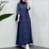 ZANZEA Women Casual Round Neck Loose Long Sleeve Retro Long Dress