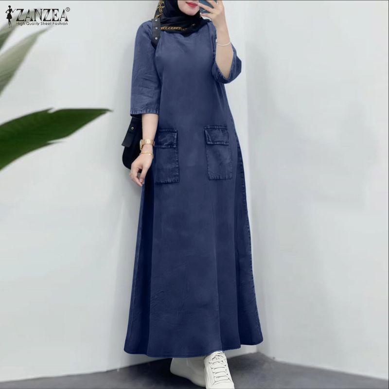 ZANZEA Women Casual Round Neck Loose Long Sleeve Retro Long Dress