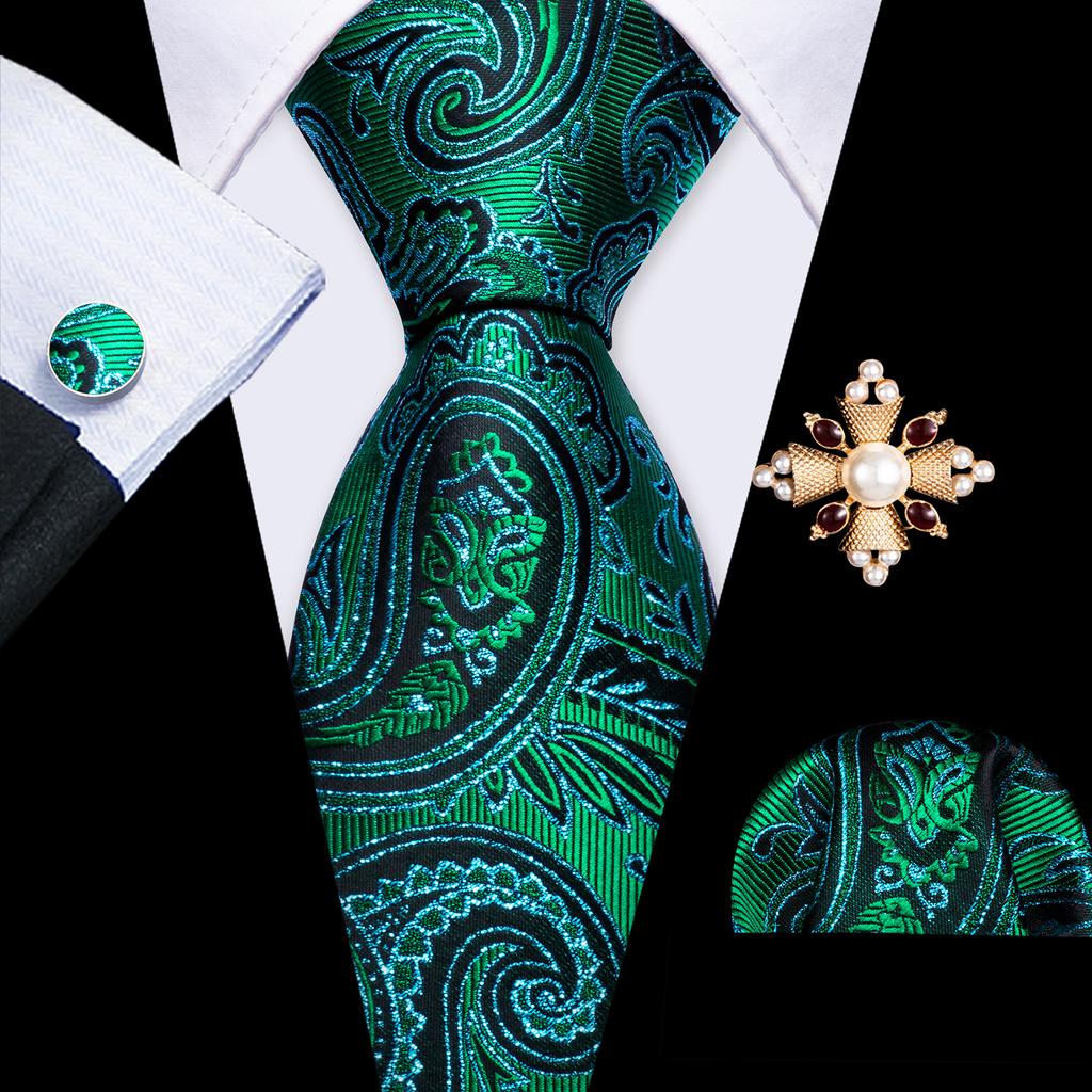 Pearl Brooch with Silk Tie for Men Vintage Floral Teal Necktie Hanky Cufflinks Gift Formal Set