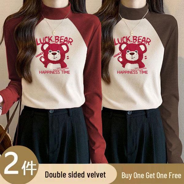Two-Piece Women's Velvet Color Block Semi-High Neck Warm Slim Fit Shirt