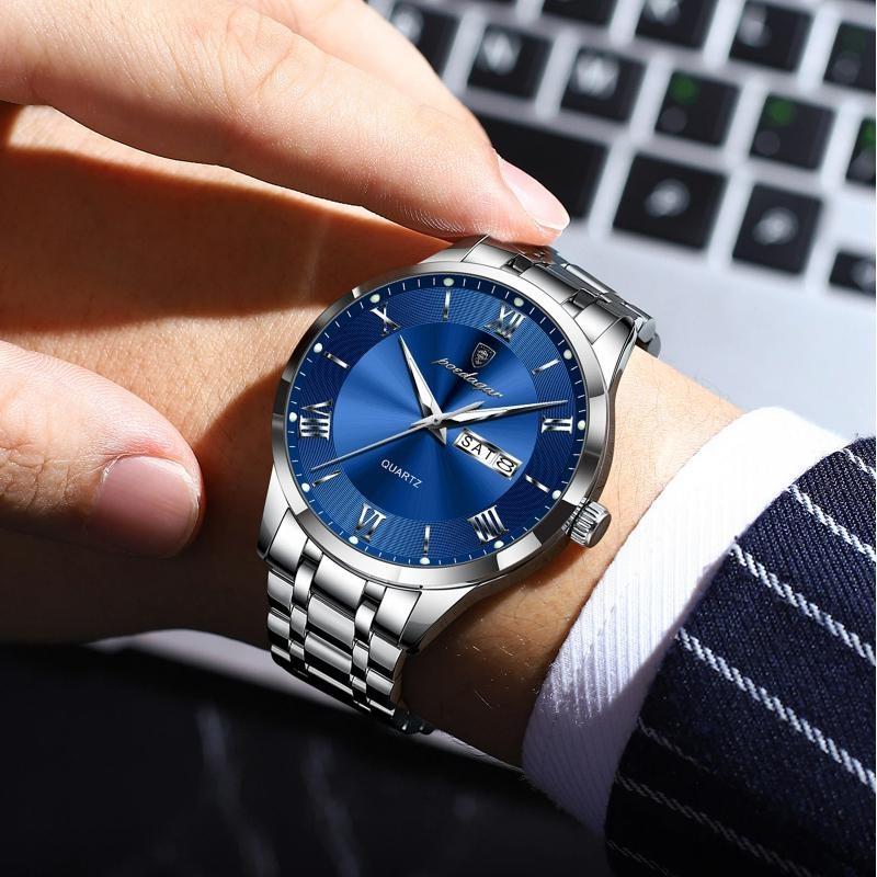 POEDAGAR Luxury Man Clock Waterproof Luminous Week Date Fashion Men's Wristwatch Stainless Steel Business Quartz Watches For Men