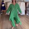 Summer Solid-colour Sophisticated-style Casual Cotton-linen Set for Women with Three-quarter Sleeves and Cropped Trousers