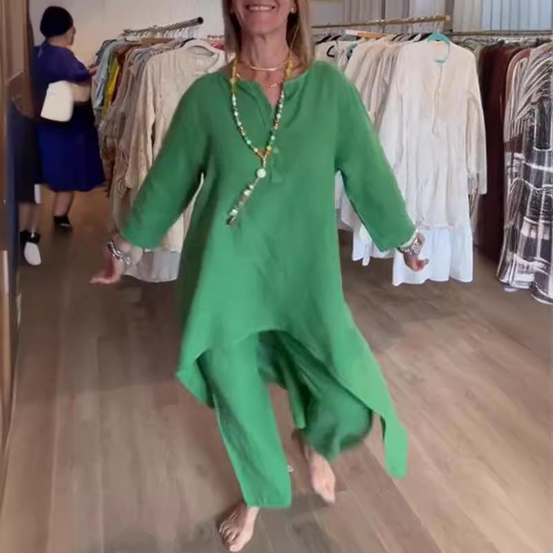 Summer Solid-colour Sophisticated-style Casual Cotton-linen Set for Women with Three-quarter Sleeves and Cropped Trousers