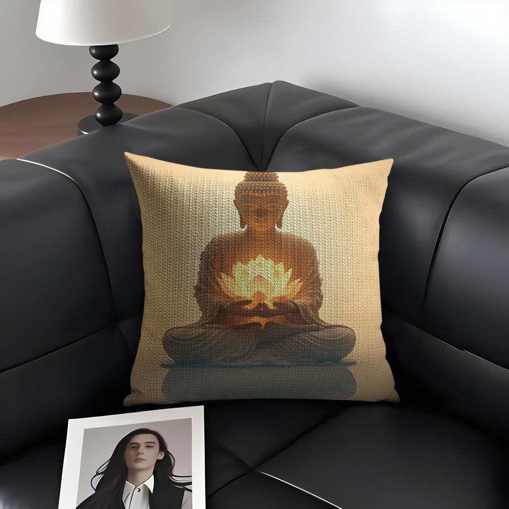 

Buddha Statue And Lotus Cushion Cover Natural Linen Organic Fabric DoubleSided Printing Sofa Home Decor Gift Pillow Case 30x30cm