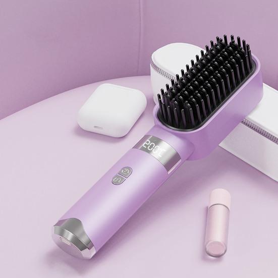 Cordless Hair Straightener Brush 4 Temperature Modes Adjustable LED Display Fast Heating Portable Travel Electric Hot Brush Curly Hair Styling