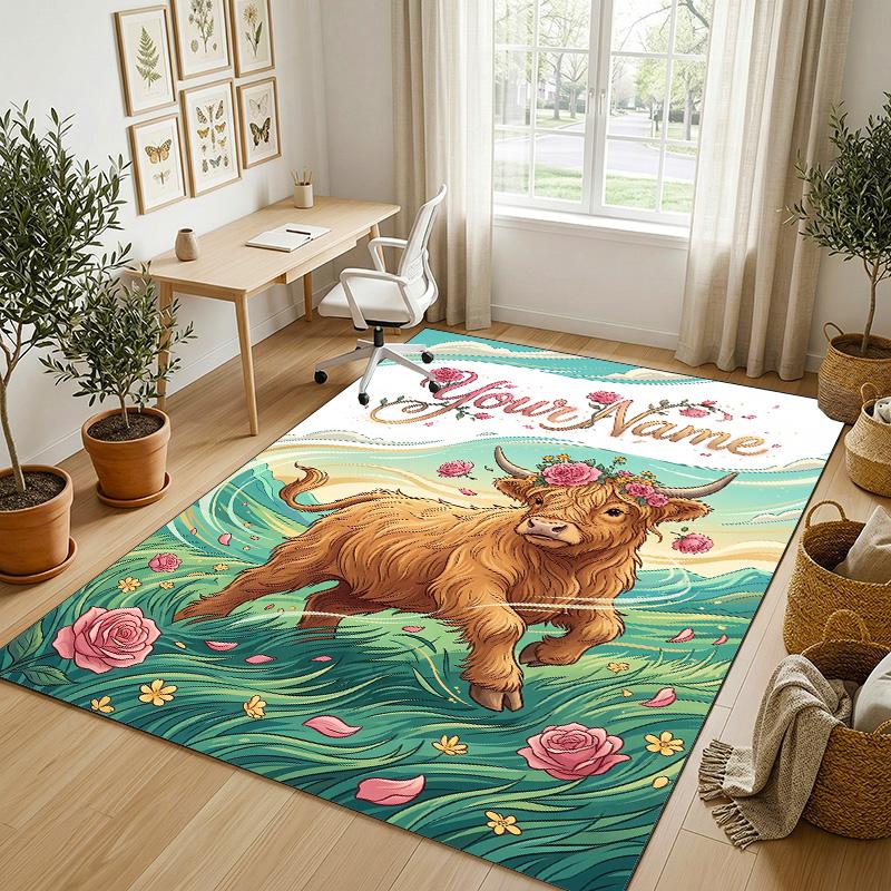Tappeto in Velluto Cristallo Tema Mucca Highland Nome Personalizzato Testo Tappetino Morbido per Pavimento Decorazione Casa