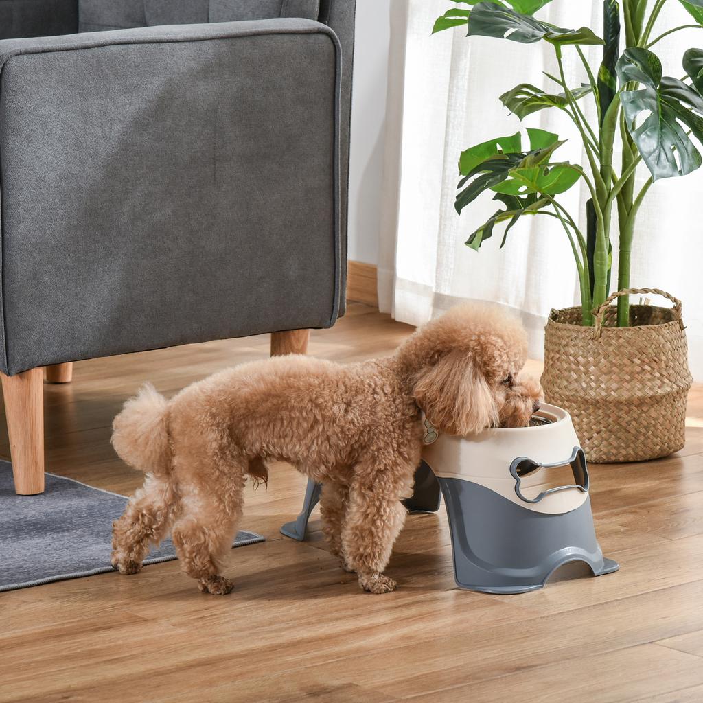Double Raised Dog Bowl In Stainless Steel and Plastic with Non-Slip Feet, 47x25x20cm, White and Grey