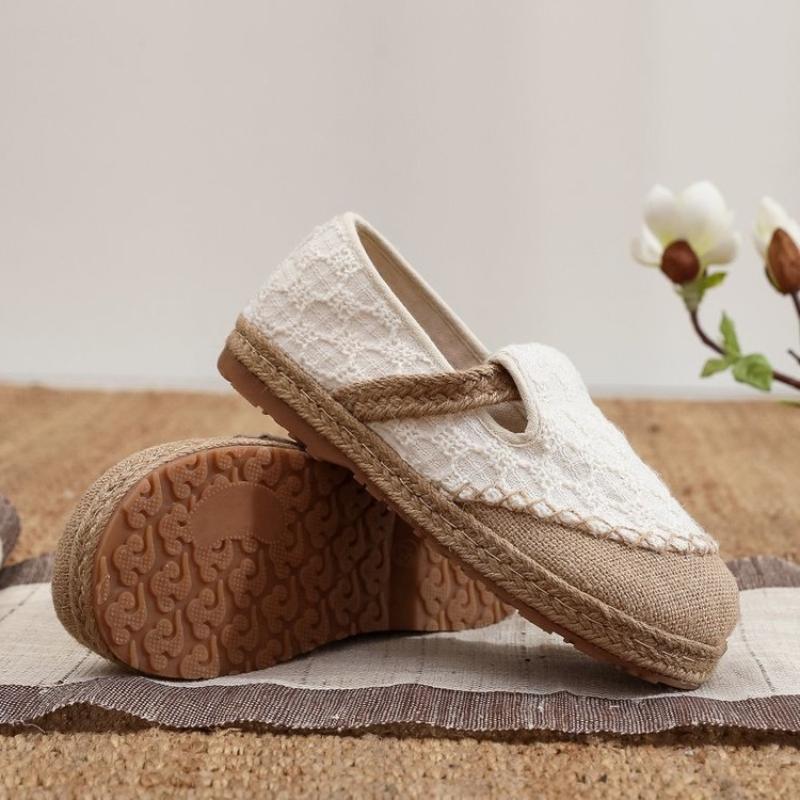 Rustic Chiffon Linen Old Beijing Cloth Shoes for Women, Student Canvas Shoes, Breathable Fisherman Half Slippers, Slip-On Style
