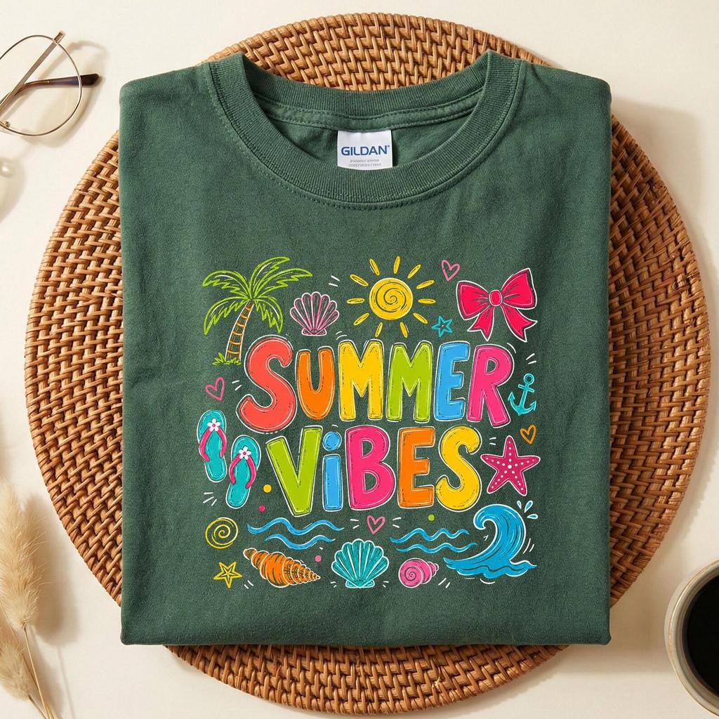 Summer Vibes Shirt, Beach Vacation Tee, Cute Summer T-Shirt, Tropical Shirt, Women Summer Top, Retro Ocean T-Shirt