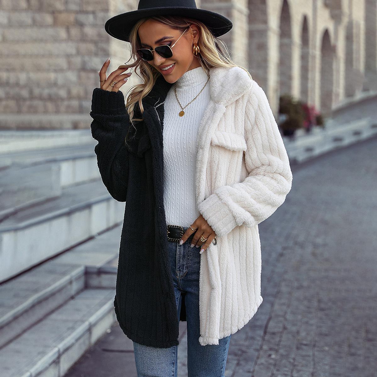 

Зернистое бархатное осенне-зимнее женское свободное бархатное двустороннее бархатное повседневное пальто с длинными рукавами и длинными рукавами в полоску цвета косточки