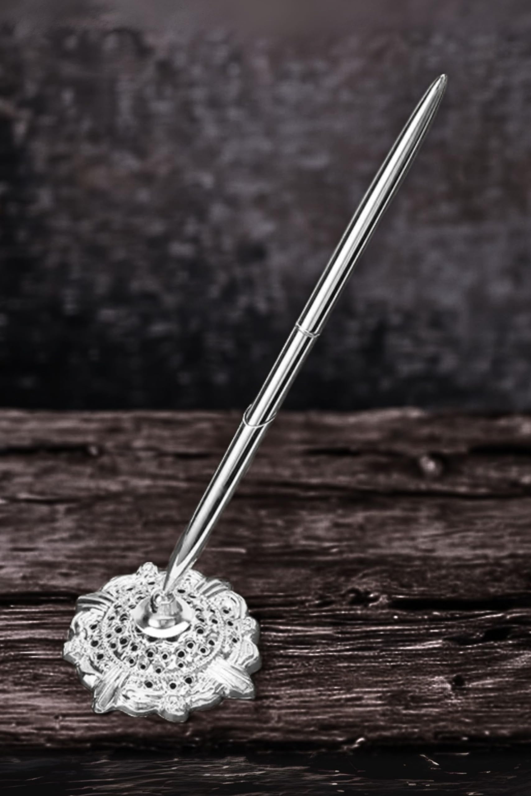 

Дизайнерская ручка и подставка [В комплекте стержни] Металлическая настольная ручка и подставка для ресепшена, Сверхпрочный интерьер, Античный стиль, Свадебный прием (Серебряный)