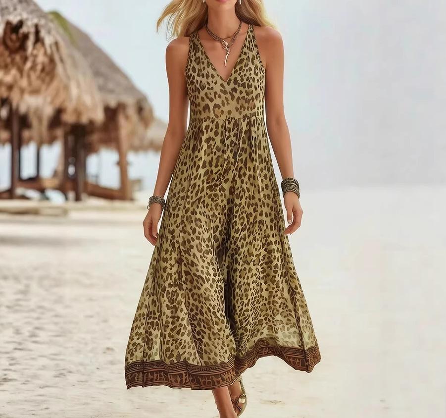 European and American new TikTok summer leopard print casual sleeveless V-neck dress women