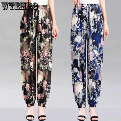 Elastic High Waist Thin Mother's Loose Cropped Skirt Pants Women Spring Summer Floral Printed Ice Silk Wide Leg Pants