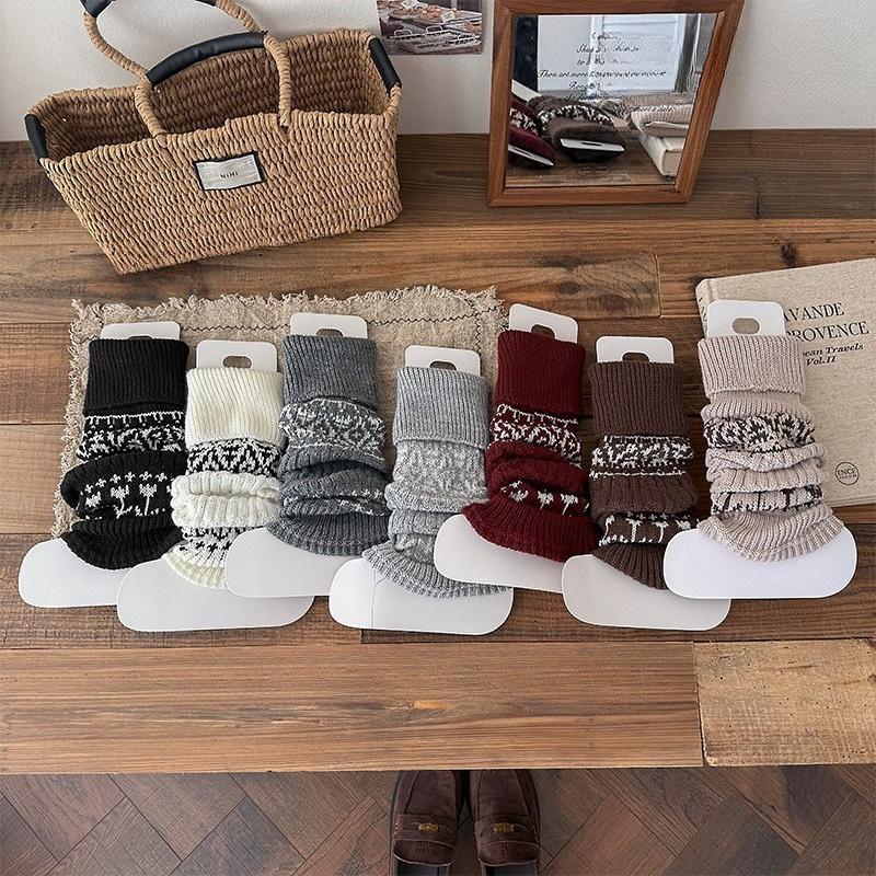 Baumwoll-Sockenüberzieher für Damen Herbst und Winter Fair-Isle-Waldstil Frotteesocken Warm und Dick Retro Grau Rautenmuster Wadenstulpen