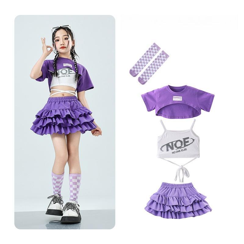 Girls Cute Summer Streetwear Children Hip Hop Crop Top Purple Tiered Skirts Clothes Sets Kids Teens Street Dance Jazz Costumes