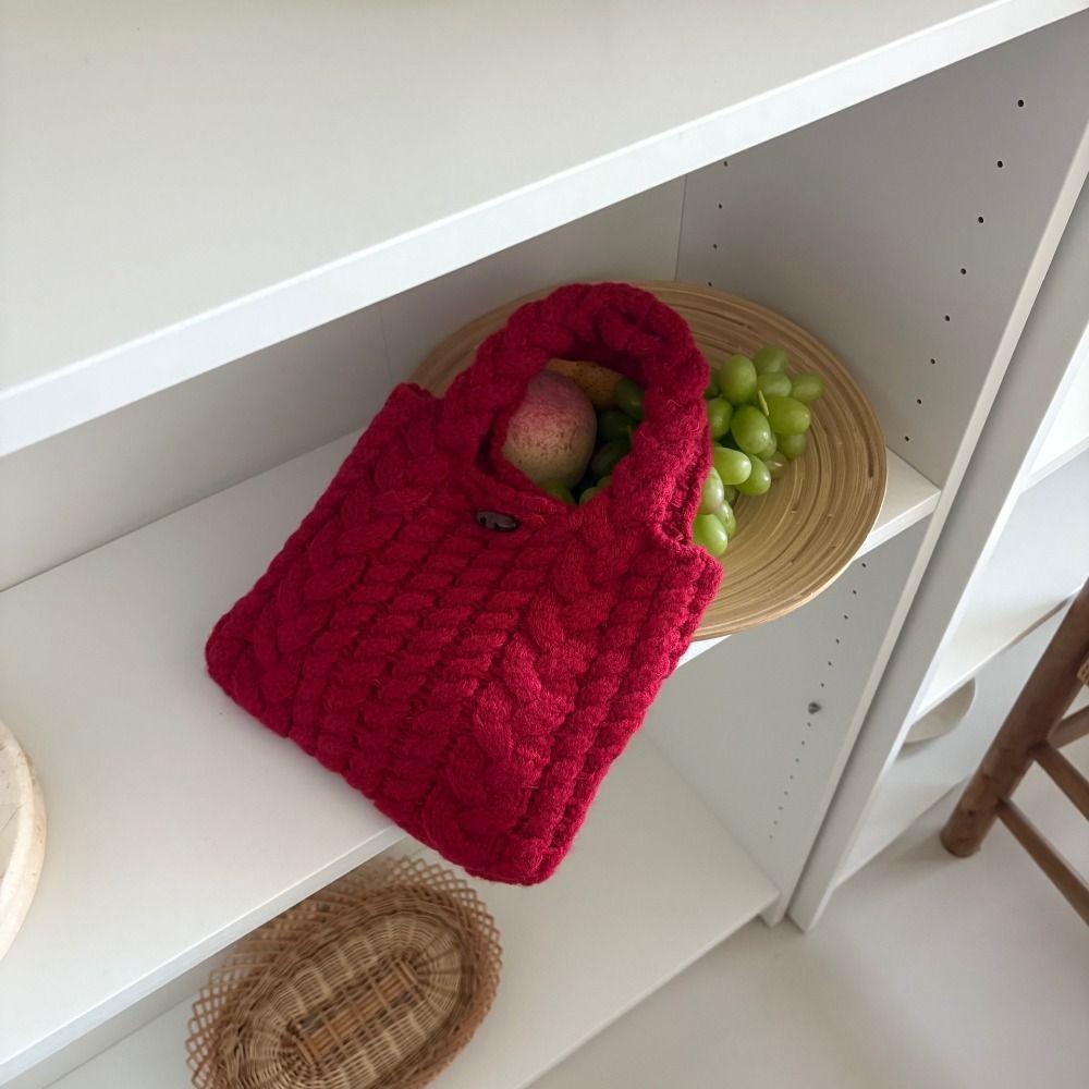 Cow Horn Button Twists Knitted Handbag Multicolor Knitted Wrist Bag Weave Woolen Bag Shopping Bag