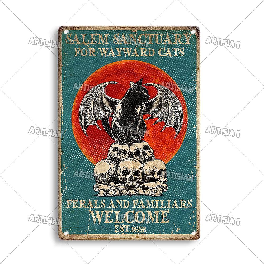 Mfoever  Artisian Funny Pet Retro Metal Sign Salem Sanctuary Cat Vintage Decorative Tin Plate Bar Pub Club Home Man Cave Wall Decor