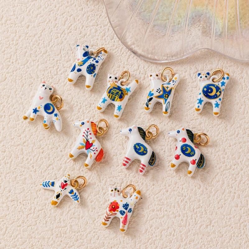 Cartoon Animal Ceramic Pendant Hand Painted Blue White Porcelain Charm Cute Cat Horse Bird Bead For Diy Necklace Jewelry Making