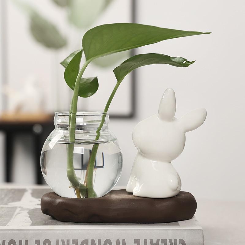 Cute Rabbit Hydroponic Plant Vases Transparent Glass Vase Tabletop Decoration Aquatic Flower Bottle With Wooden Base