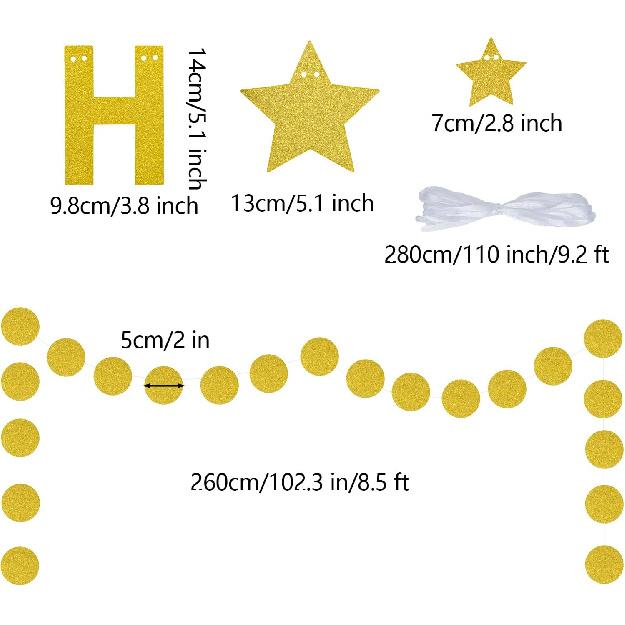 Gold Glittery Happy New Year Banner and Gold Circle Dot Garland Paper Happy New Year Sign 2026 New Years Eve Party Supplies for New year Party