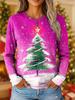 Women's Vintage Christmas Tree Print Long Sleeve T-shirt, Holiday Gift Crew Neck, Festive Party Top, All Seasons Fashion Wear