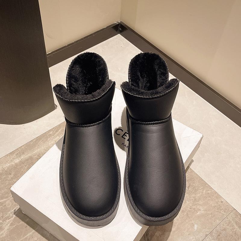 Large Size Winter New Women's Thick-soled Snow Boots Short Tube Piled and Thickened Waterproof Leather Thermal Cotton Boots