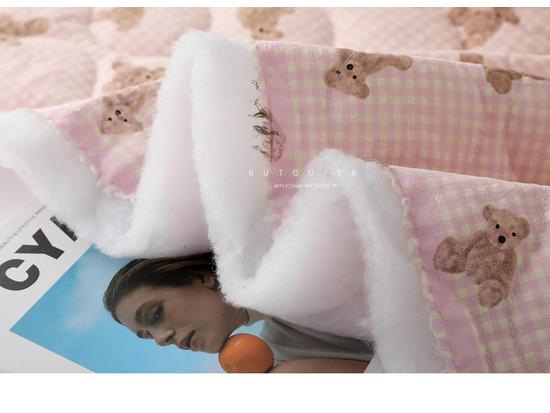 Light Yellow Pink Plaid Quilted Bear Print Cotton Vest Jacket