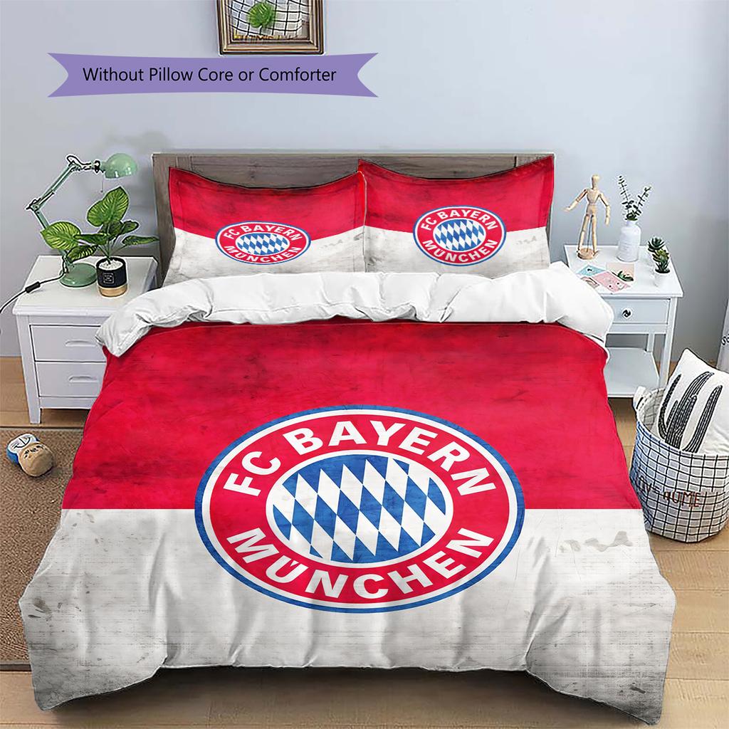 FC Bayern München Team Logo Muster Bettwäsche Heimdekoration Geburtstagsgeschenk (1 Bettbezug + 2 Kissenbezüge, ohne Füllung)