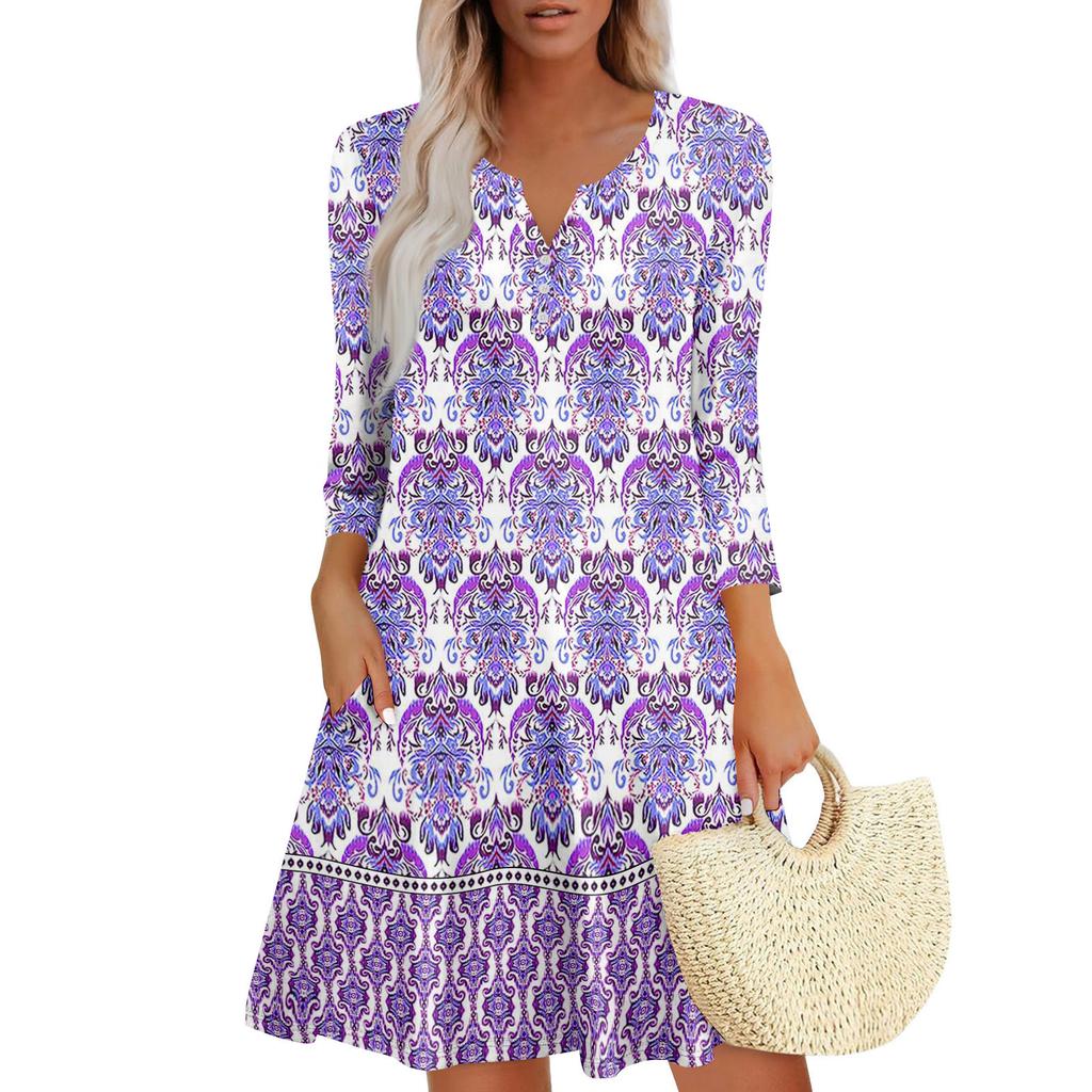 Women's Summer Dress Loose V Neck Three-quarter Sleeve Sundress With Pockets Dress