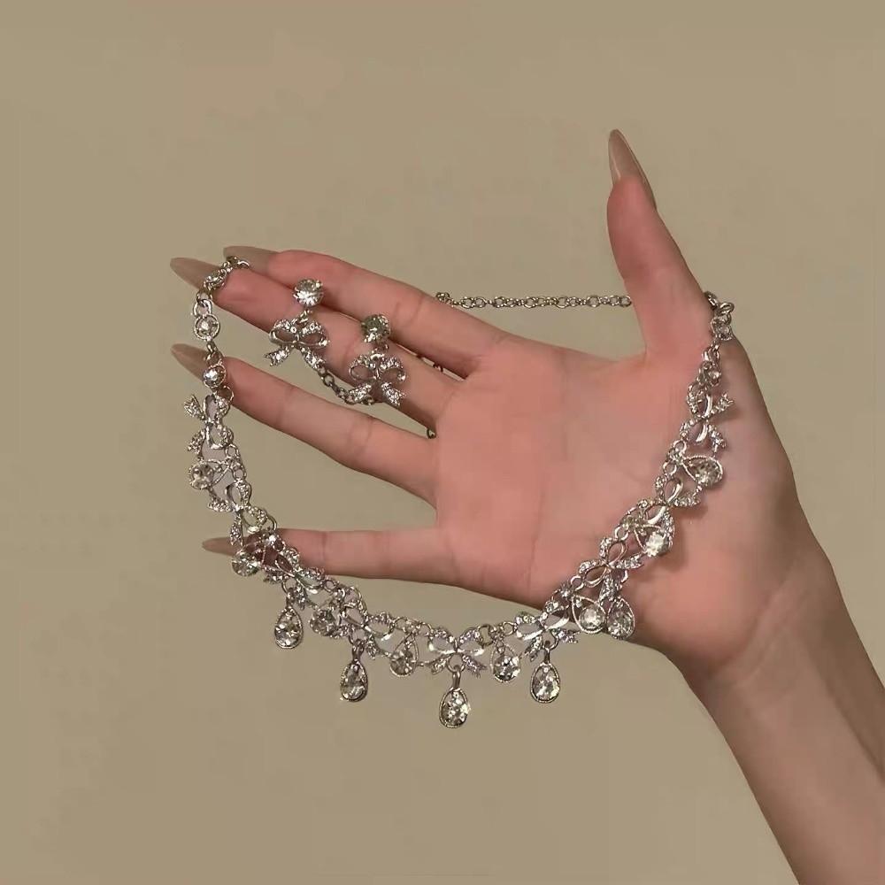 2 pieces Water Drop Rhinestone Jewelry Set Inlaid Crystal Necklace Set Necklace Earrings Set  Women