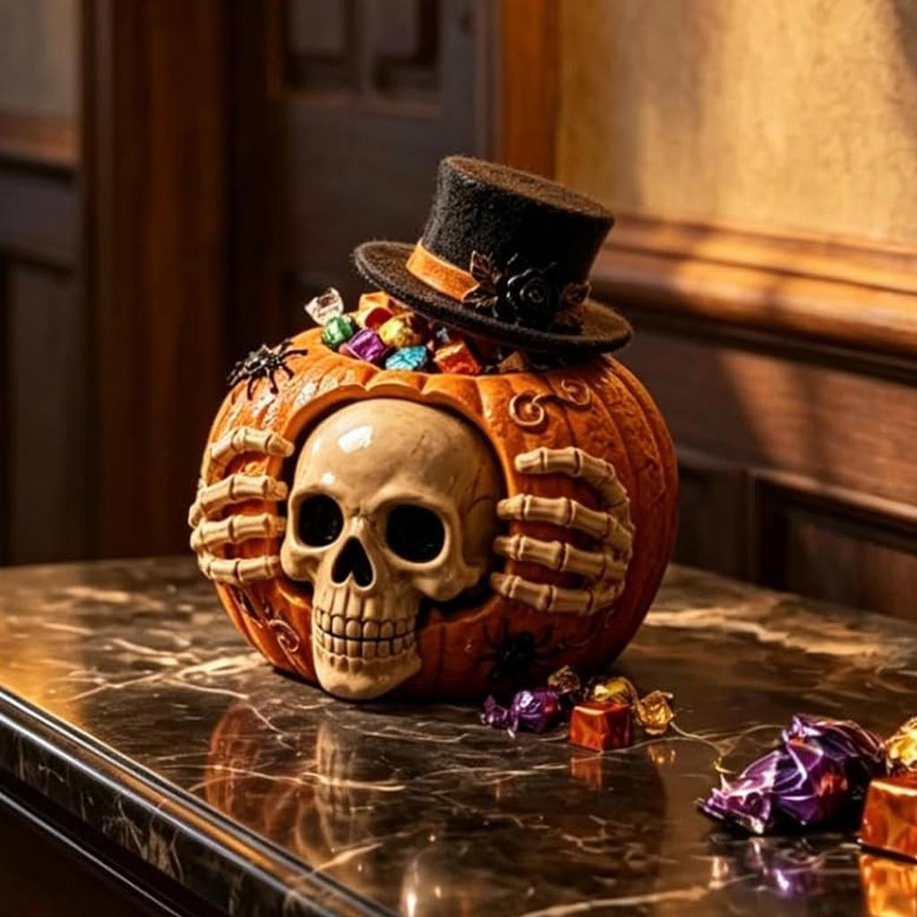 Skeleton Pumpkin Candy Jar Skull Pumpkin Dining Table Decoration Resin Gothic Skeleton Pumpkin Bowl Halloween Cookie Jar