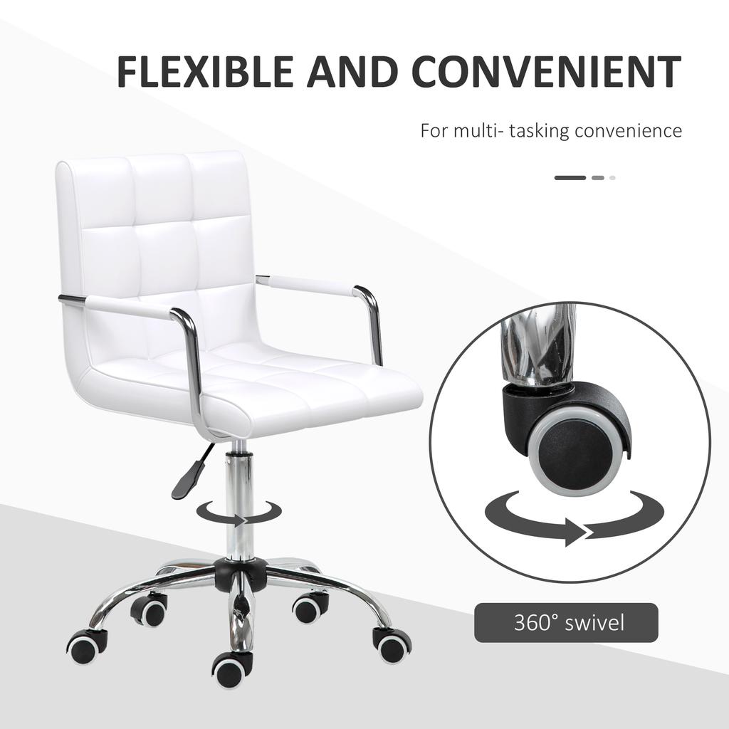 Makeup Vanity Chair, PU Leather Mid Back Office Chair with Adjustable Height, Armrest and Rolling Wheels, White
