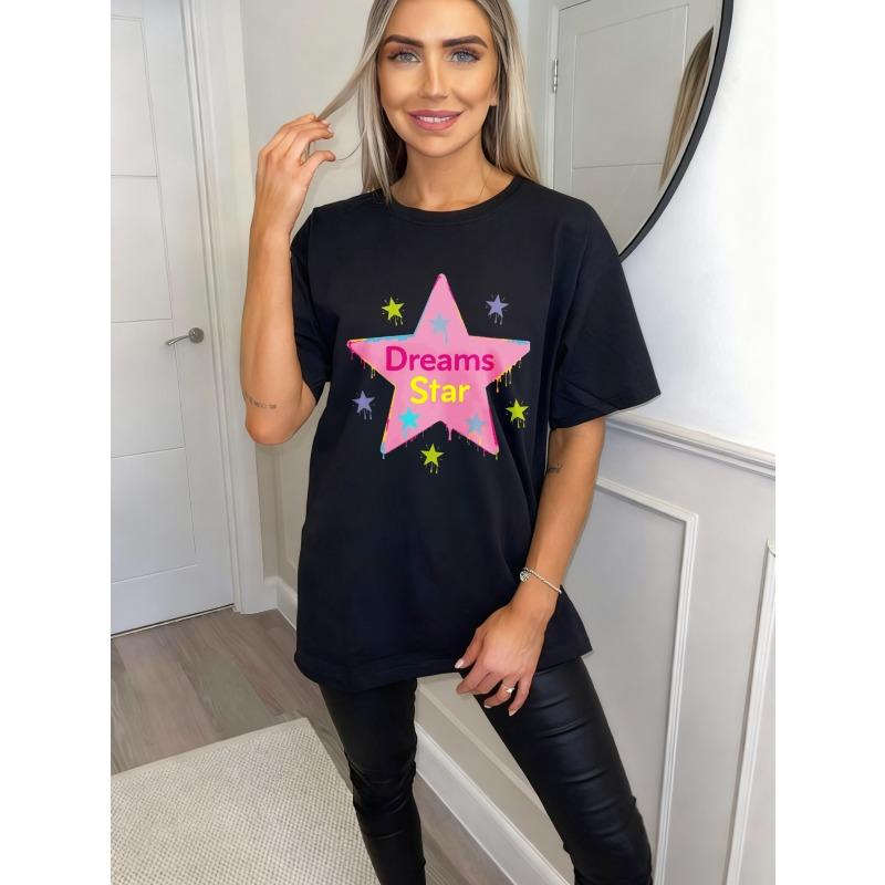 Oversized T Shirt Black Dreams Star Graphic Print For Casual Wear And Street Style