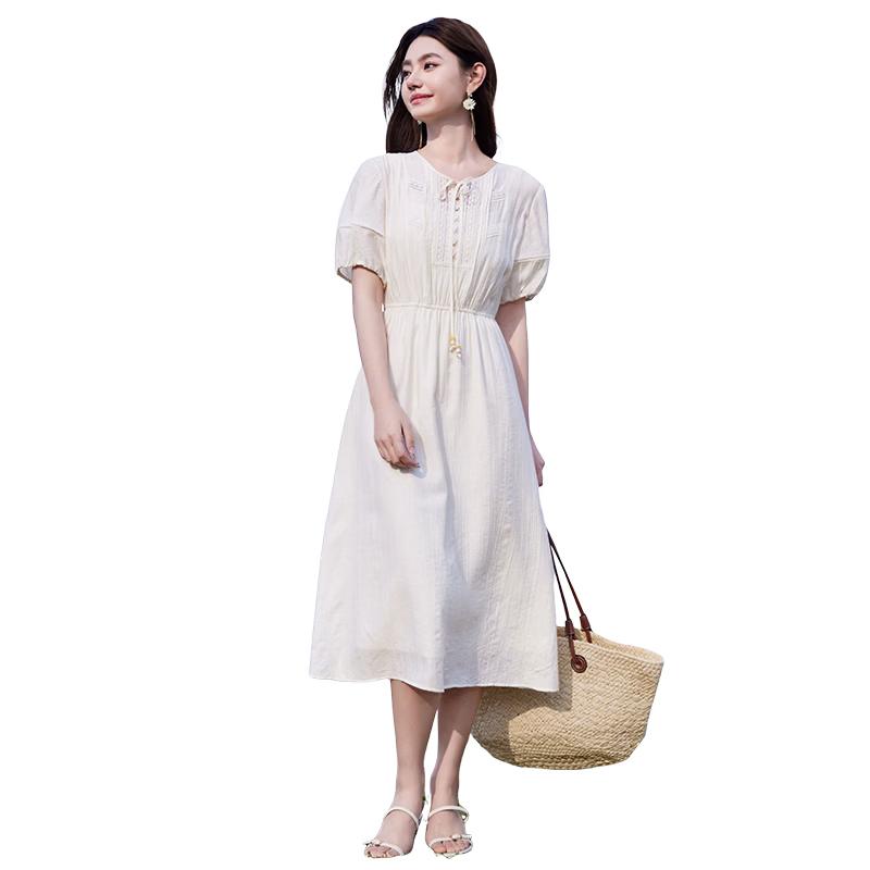 Xiangying Off-white Puff Sleeve A-line Maxi Dress M
