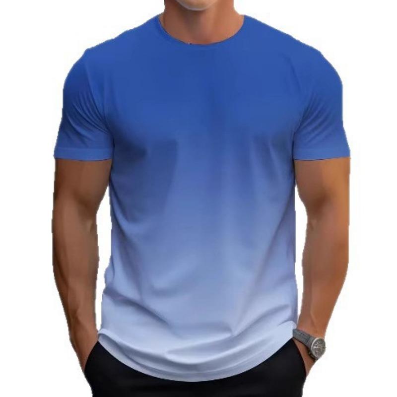 Men Gradient Color Short Sleeve T Shirt Crew Neck Casual Ombre Blue White Top